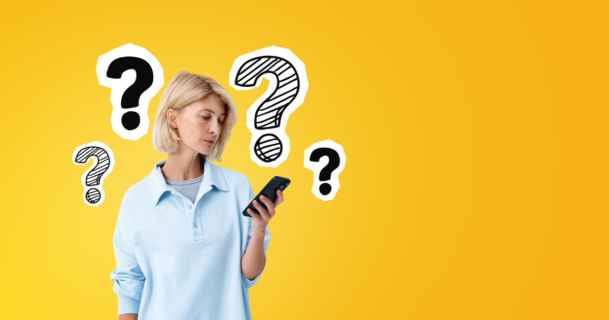 Person holding a phone surrounded by question marks, asking an AI assistant